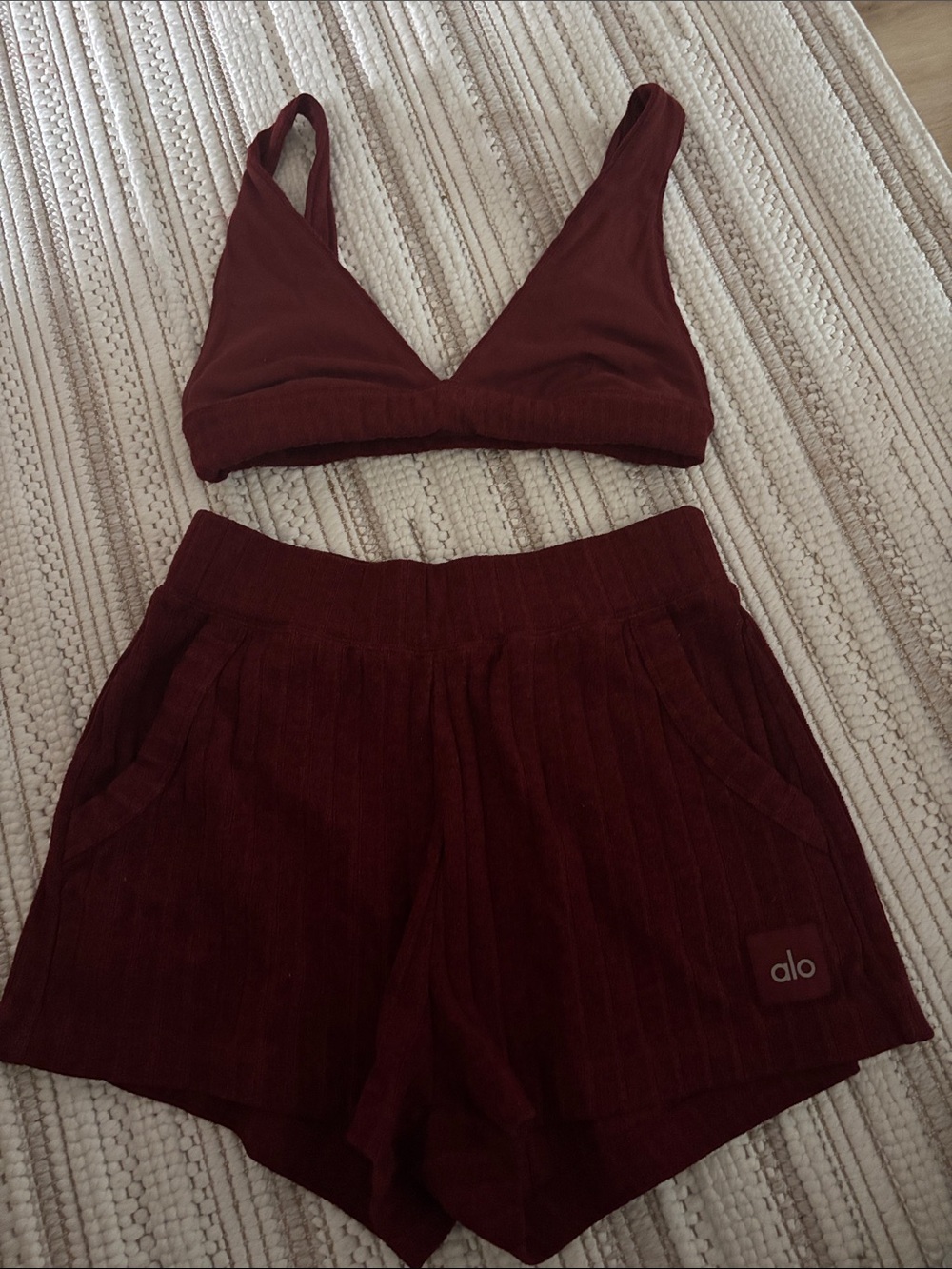 ALO Yoga Burgundy Ribbed Bralette & Shorts Set